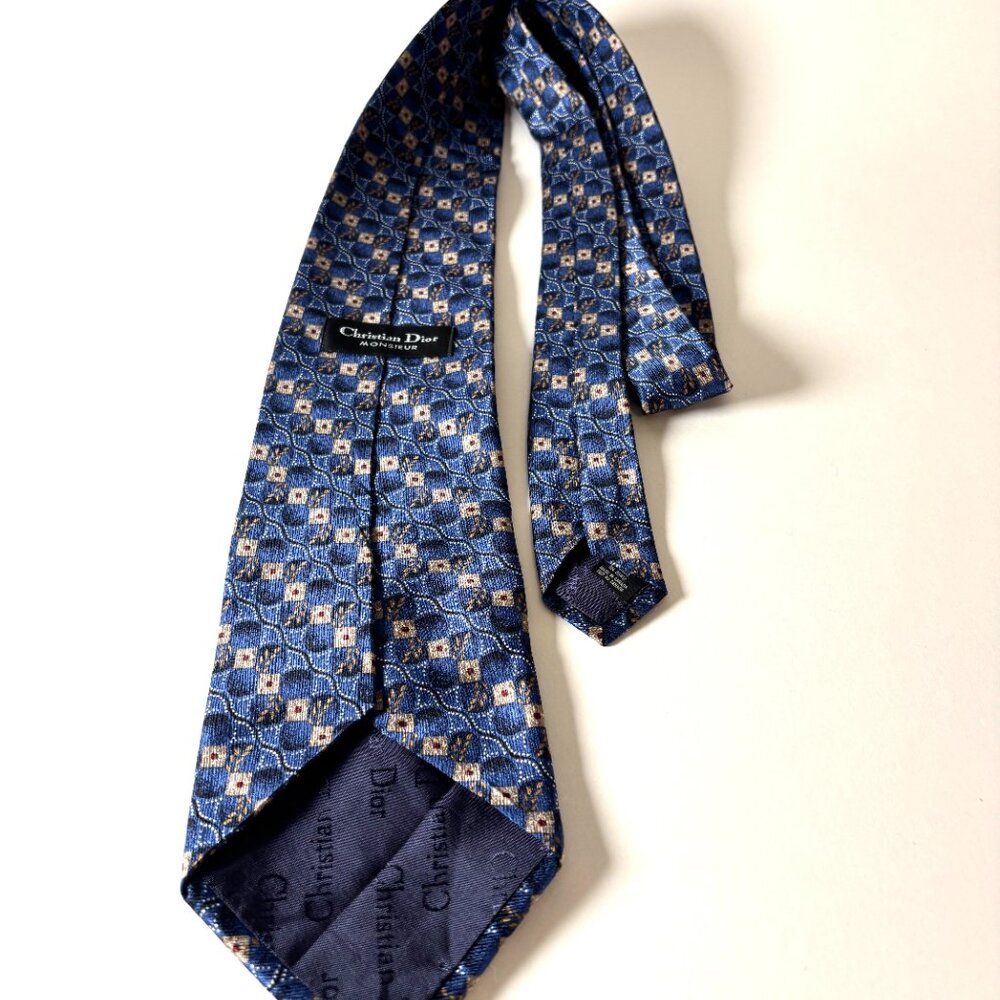 Vintage Christian Dior Silk Tie | Blue Patterned Designer Necktie - Picture 2 of 7